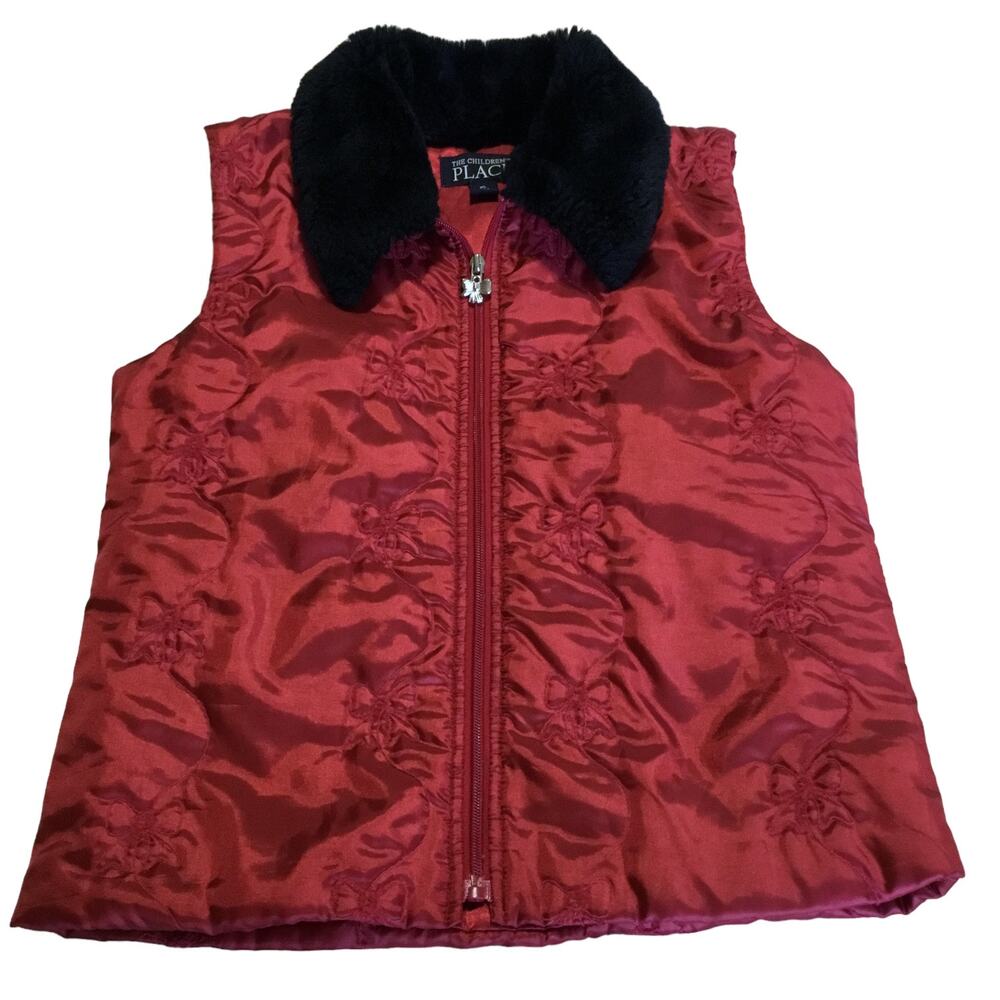 The Children's Place Girls XL Red Satin Vest Black Faux Fur Collar Festive